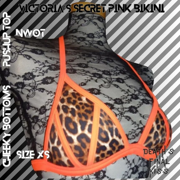 RARE Victoria's Secret PINK Hunter Orange Leopard Cheeky Tiny Pushup Bikini XS - Picture 6 of 15